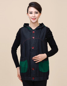 盾鹃<em>春秋</em>款<em>中老年</em>女装牛仔拼接休闲百搭<em>连帽</em>大