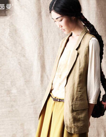 <em>茵曼</em> 春装新款苎麻撞布拼接西装领休闲<em>马夹</em>【