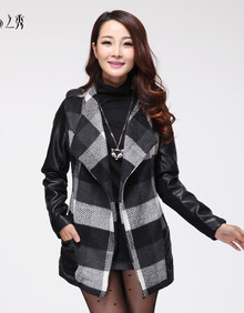 013冬季新款欧美大码<em>格子毛呢外套女中长款</em>呢