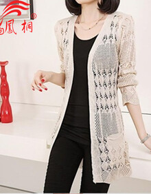 凤桐2014新款春夏装纯<em>羊绒开衫</em>口袋<em>显瘦中长</em>