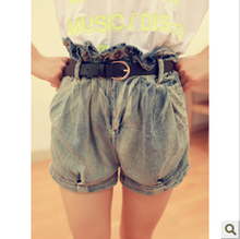 2014新款 百搭复古高腰附<em>腰带</em>洗水<em>牛仔短裤</em> 水