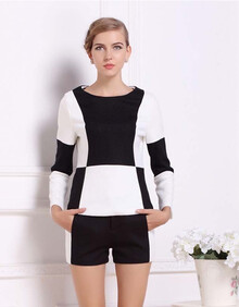 香港代购 拼色<em>长袖</em>毛呢<em>上衣+短裤套装 秋</em>款 女