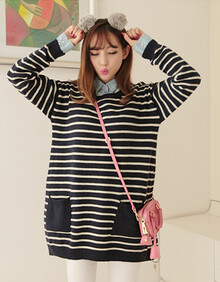 yoomito2013<em>条纹</em>长袖打底衫<em>条纹</em>套头宽松<em>长款</em>