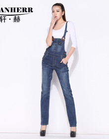 轩赫2014<em>春季女装</em>新款中腰<em>牛仔</em>背带裤女长裤