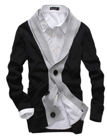 焉雨轩 撞色 <em>大V领</em>中长款<em>开衫</em>毛衣男士<em>针织</em>衫