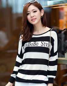 迪伦女装秋冬季新款<em>韩版</em>宽松<em>条纹</em>蝙蝠袖针织衫