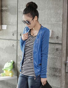 欧出色2014秋装新品PU皮修身<em>休闲短外套</em>女夹