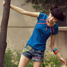 2014新款原创复古 民族风<em>夏</em> 撞色刺绣<em>花</em> 牛仔裤