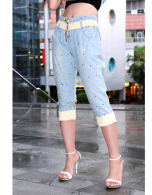 红<em>莉姿</em> 2014夏女款好质量松紧腰牛仔裤拼接七