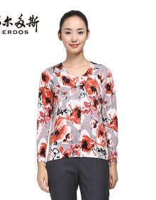 鄂尔多斯新款羊绒衫纯羊绒<em>圆领</em>装饰印花<em>女开衫</em>