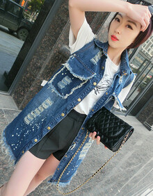 伊情飞扬2014新款女装中长款<em>牛仔马甲外套</em>X1