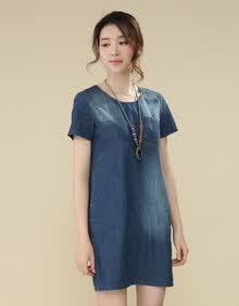 伊茹怡雅 夏装新款<em>韩版牛仔</em>裙圆领短袖大码女