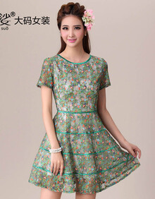 绮娑2014加大码<em>女装胖MM</em>夏装新款蕾丝花裙胖