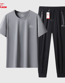 赛琪短袖套装男夏季冰丝速干半袖长裤两件套宽松跑步运动健身大码男装 灰色（束脚） XL