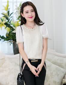 壹码雪纺衫<em>女夏装杏色</em>短袖钉珠蕾丝衫上衣GG