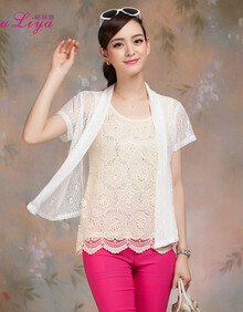 DLY夏季短袖薄外套镂空<em>针织衫女士开衫</em>小披肩