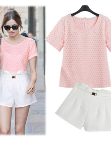 华富妮凹凸泡泡设计短袖T恤 <em>高腰阔腿短裤</em>套装