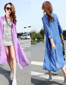 婵翠2014新款欧美新款夏装翻领中<em>长款防晒</em>服