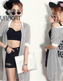 2014韩国棒球短袖字母印花竖条纹<em>中长防晒</em>雪