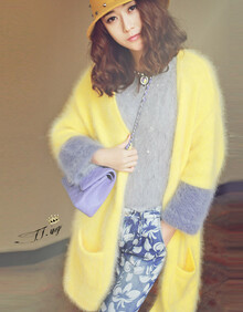 <em>长毛</em>貂绒<em>开衫</em> 女式针织毛衣 貂绒皮草<em>拼色</em>宽松