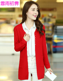 霏雨初霁 2014韩版<em>中长</em>版<em>女装针织</em>衫<em>开衫</em>小纽