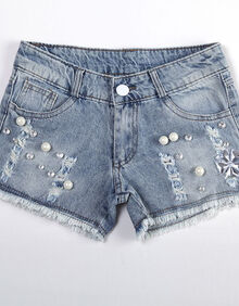 2014夏装洗水破洞<em>牛仔裤</em> 个性毛边钉珠牛仔短