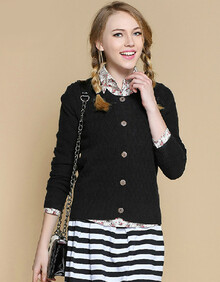 钦秀<em>冬季新款</em>圆领绞花小<em>开衫羊绒</em>衫 黑色 XXL