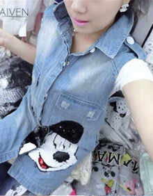 新款牛仔卡通米奇亮片<em>休闲</em>牛仔<em>中长款</em>水洗<em>马甲</em>