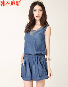 魅影 2014夏装女韩版薄烫钻牛仔<em>连体裤短裤</em> V