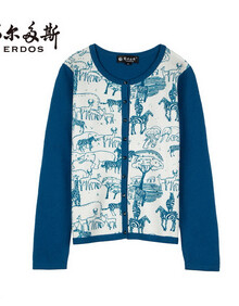 鄂尔多斯 秋冬新款圆领装饰<em>印花女开衫</em> 羊绒衫