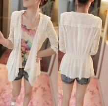 水清<em>连衣</em>修身蕾丝上衣七分袖<em>中长款</em>雪纺<em>开衫</em>防