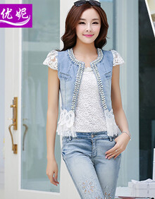 碧优妮夏新款修身订珠牛仔短外套<em>女马甲</em>1168