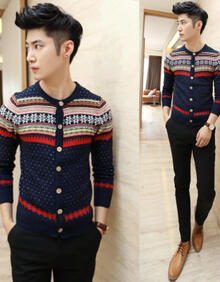 丹杰仕 2014秋冬新款韩版休闲雪花<em>开衫毛衣</em>男