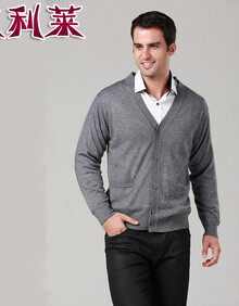 衣利莱中老年人 <em>男士 羊绒</em>衫 V领<em>开衫</em>加厚大码
