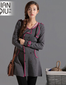 新品 浅秋专柜正品 时尚拼色 韩版双排扣<em>开衫</em> 烟