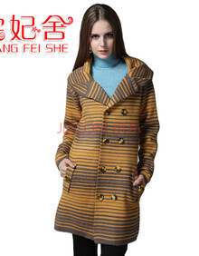 裳妃舍女装黄色大衣秋冬装新款黄色双排<em>纽扣</em>长