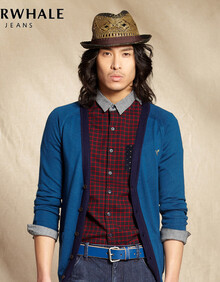 <em>马克华菲</em> 2014秋装新款男士羊毛混纺<em>开衫</em> 撞色