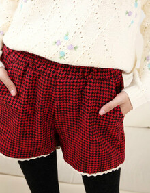 2014<em>秋冬</em>新款 千鸟格<em>毛呢短裤</em>女休闲花边<em>短裤</em>