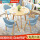 80cm木纹圆桌浅蓝色布椅
