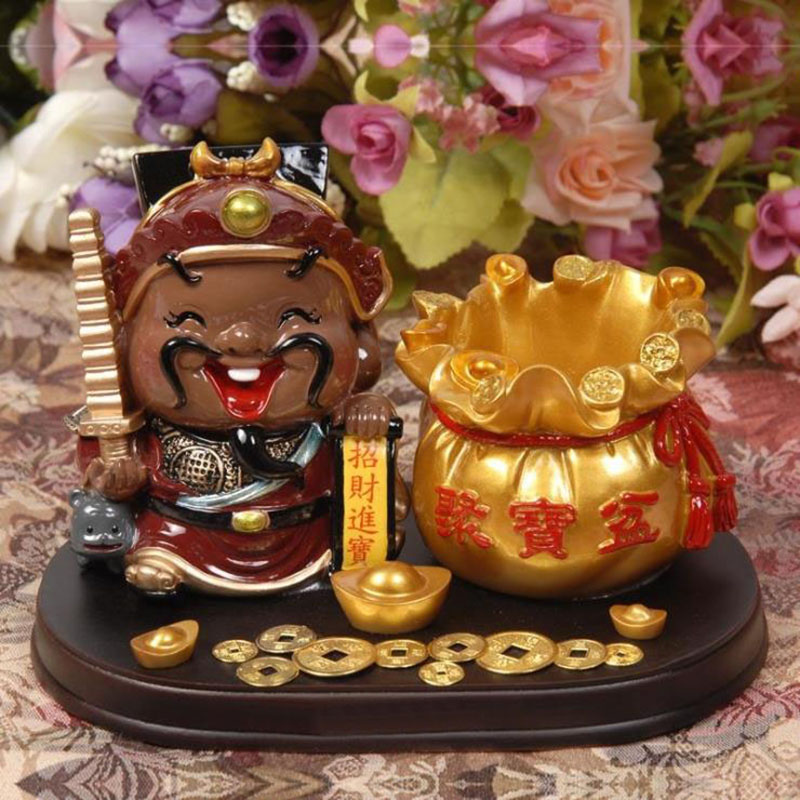 合缘礼坊 q版金元宝聚宝盆财神爷神仙创意元旦礼物笔筒家居树脂装饰品