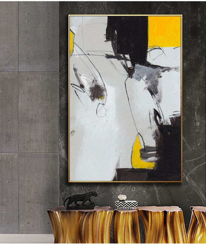 手绘油画现代简约抽象画玄关壁画黄黑色装饰画新中式客厅餐边柜上挂画