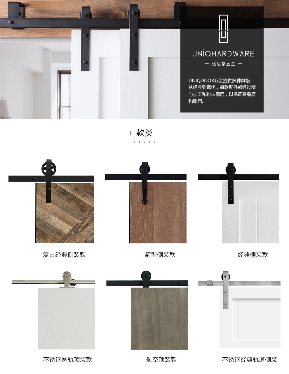 优尼家(uniqhardware)木门五金吊轨 谷仓门黑色滑轮轨道 推拉门移门