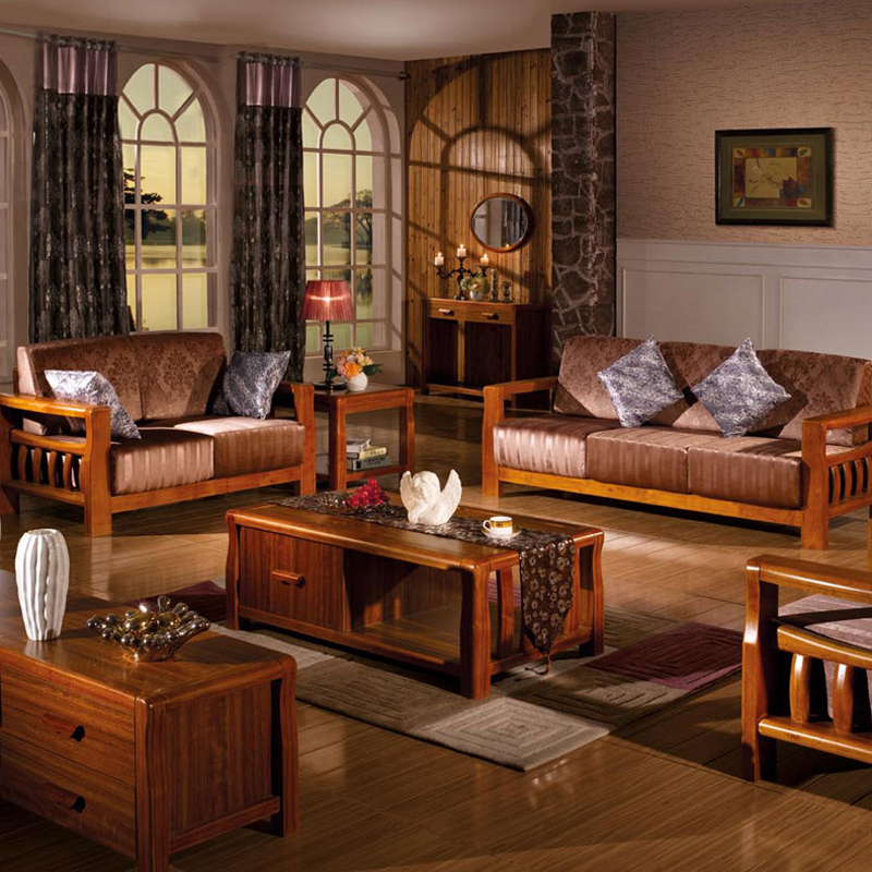客厅家具特价中式实木沙发 高档绒布虎斑木色 单人位