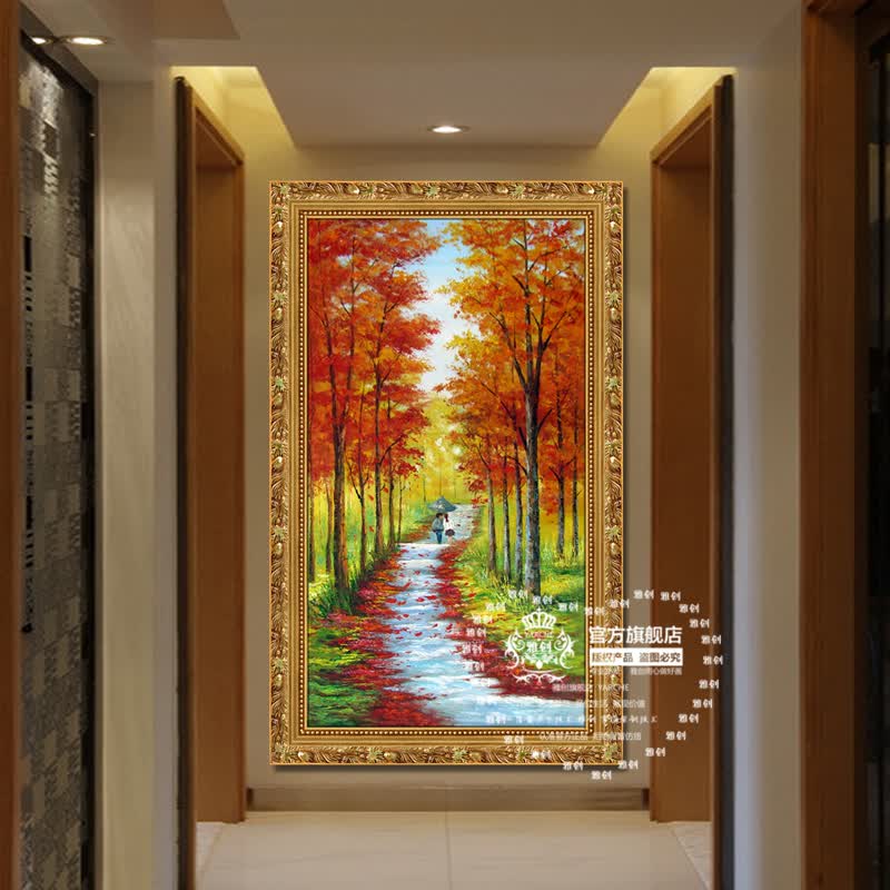 纯手绘现代欧式装饰画玄关有框画高档风景画客厅油画走廊壁画 发财