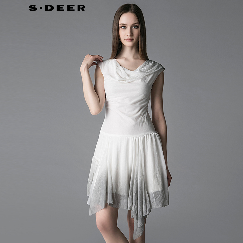 圣迪奥 sdeer 2015夏装新款女修身雪纺无袖连衣裙3281267 米白 s