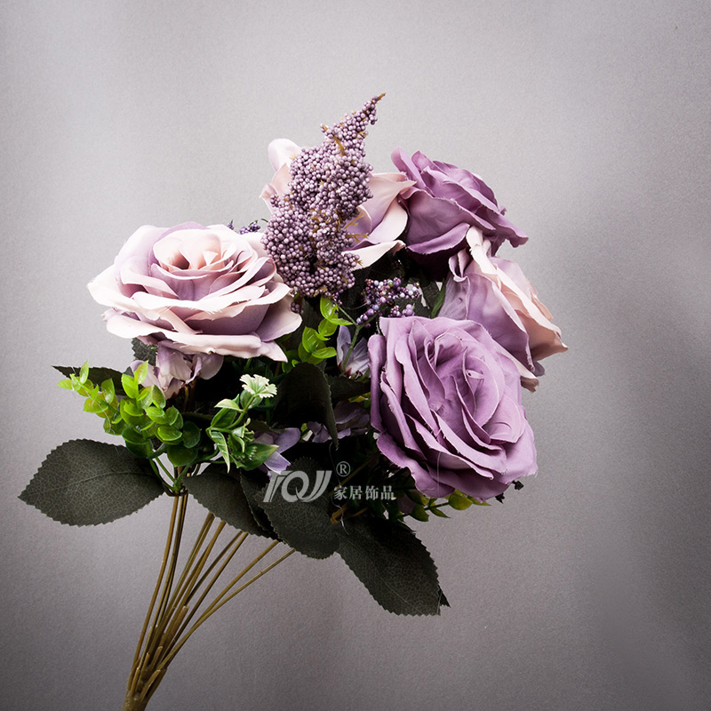 tqj欧式仿真花客厅卧室餐厅摆设装饰花假花绢花5头法式玫瑰 深紫色