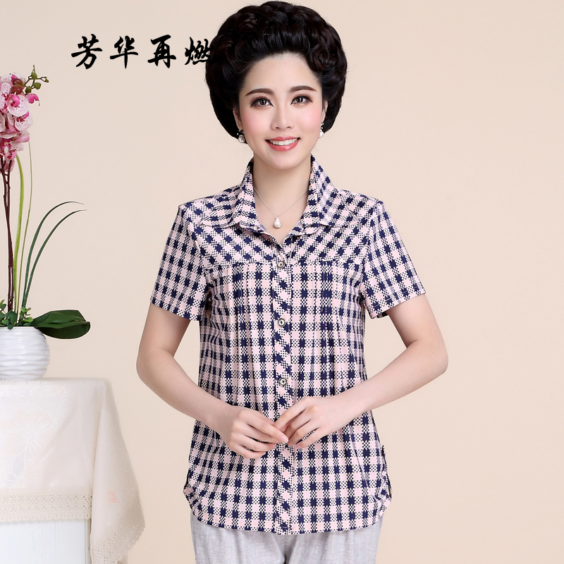 芳华再燃2015中老年妈妈装女装夏季衬衣中年时尚女士上衣夏装短袖格子