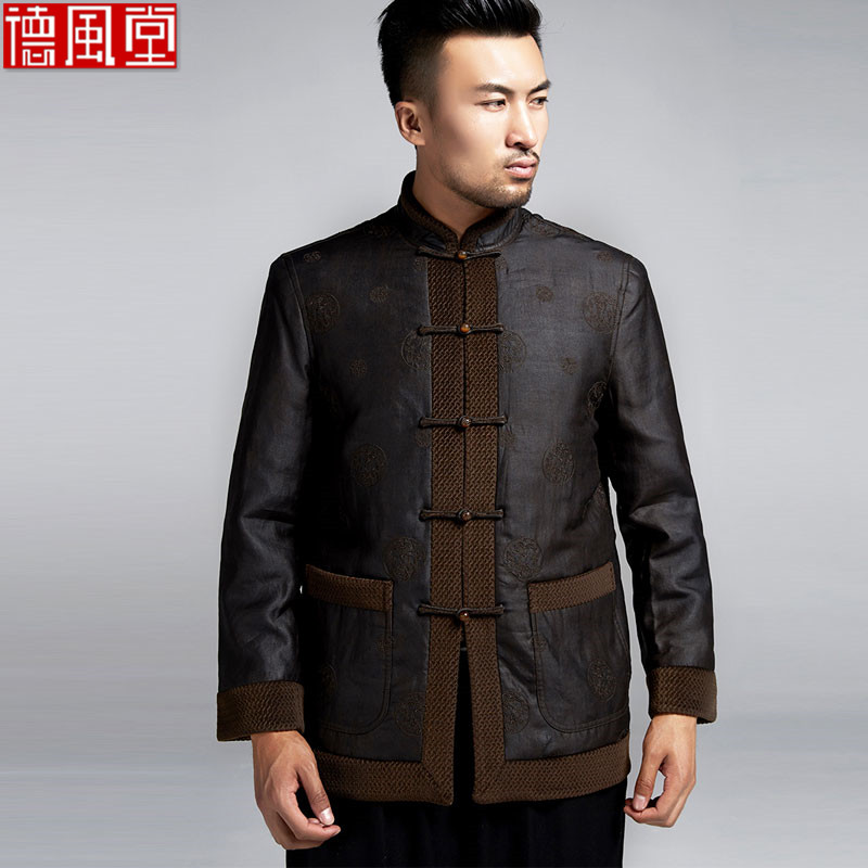 男士唐装长袖2015秋冬外套中国风老年唐装真丝棉袄 中国风男装 黑色