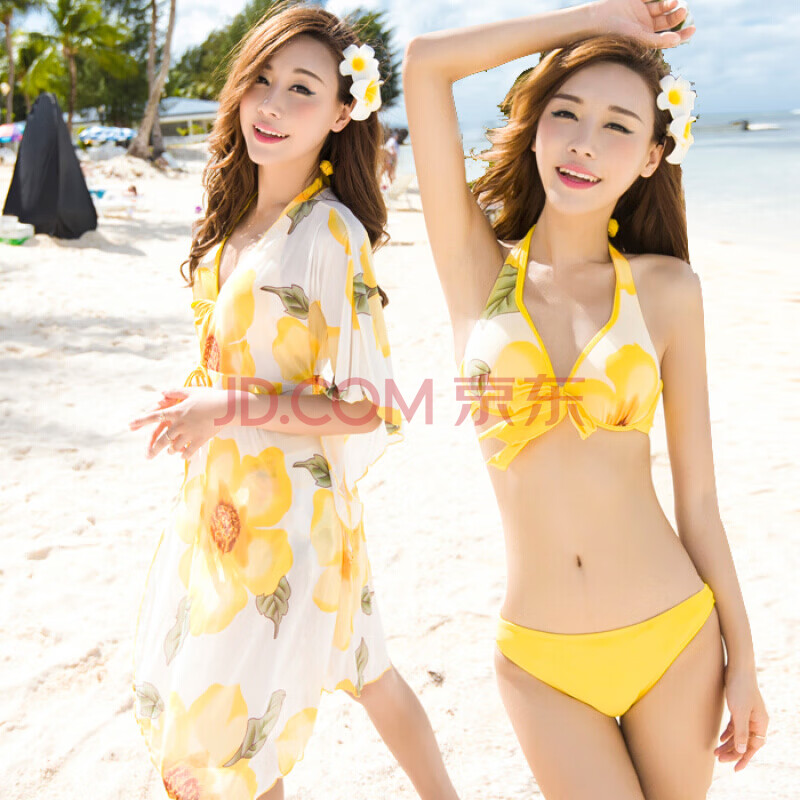 Dk 泳衣女性感钢托比基尼泳装大小聚拢胸裙式四件套沙滩泡温泉游泳衣黄色l 图片价格品牌报价 京东