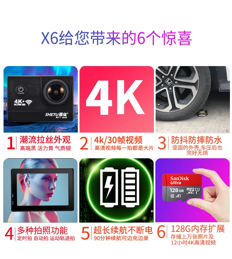 Shetu X6 Waterproof Sports Camera 4K HD Motorcycle Helmet Riding Anti-shake Camera Video Portable VLOG Head-mounted Diving Underwater Photography Bicycle Recorder High Version - Black Official Standard Shetu X6 Waterproof Sports Camera 4K HD Motorcycle Helmet Riding Anti-shake Camera Video Portable VLOG Head-mounted Diving Underwater Photography Bicycle Recorder High Version - Black Official Standard